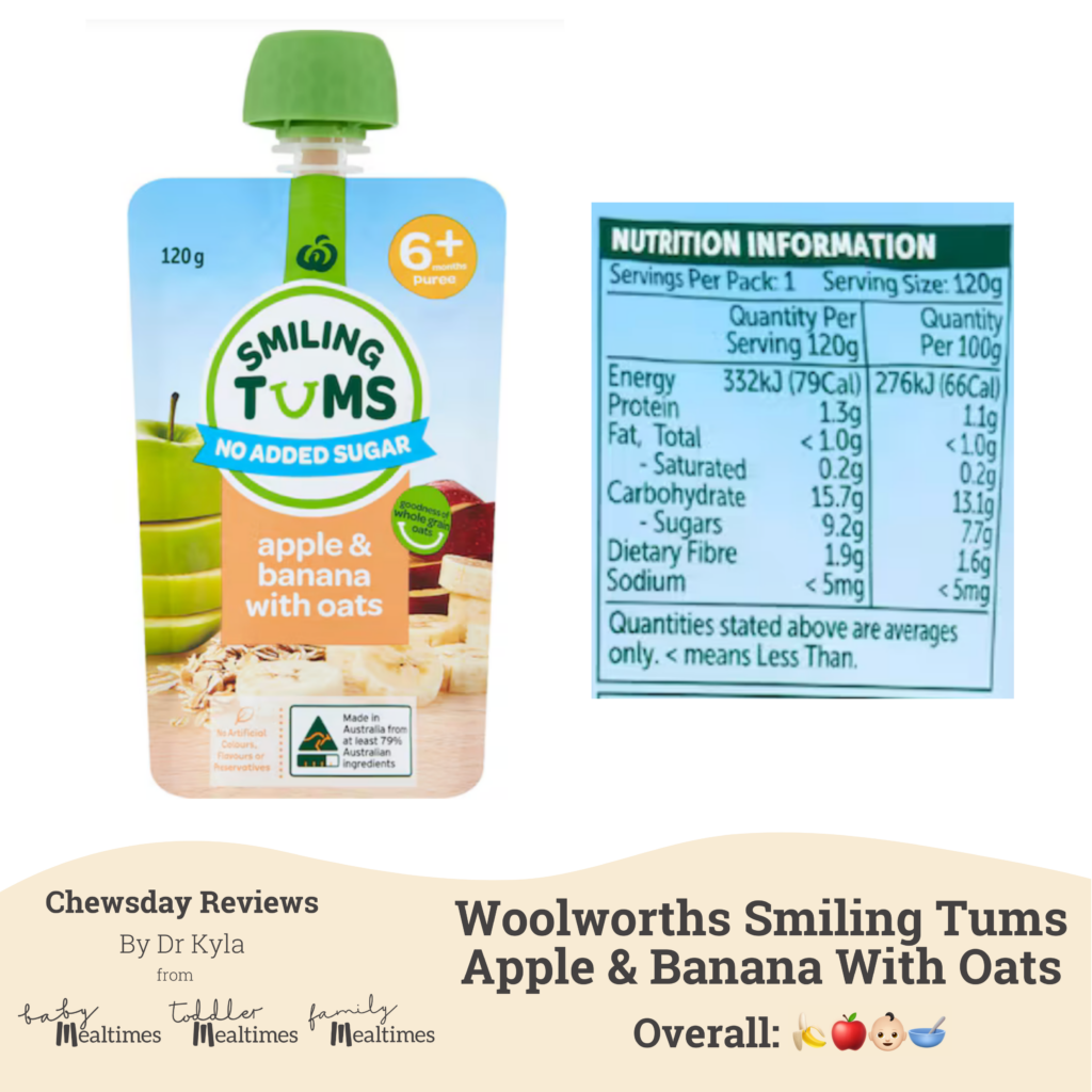 CR Woolworths Smiling Tums Apple & Banana Puree With Oats